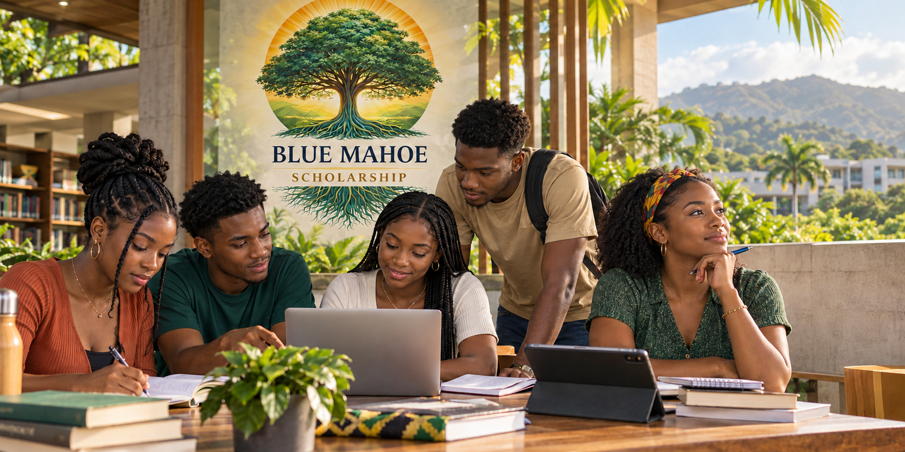 Blue Mahoe Scholarship logo — a tree with roots and sun