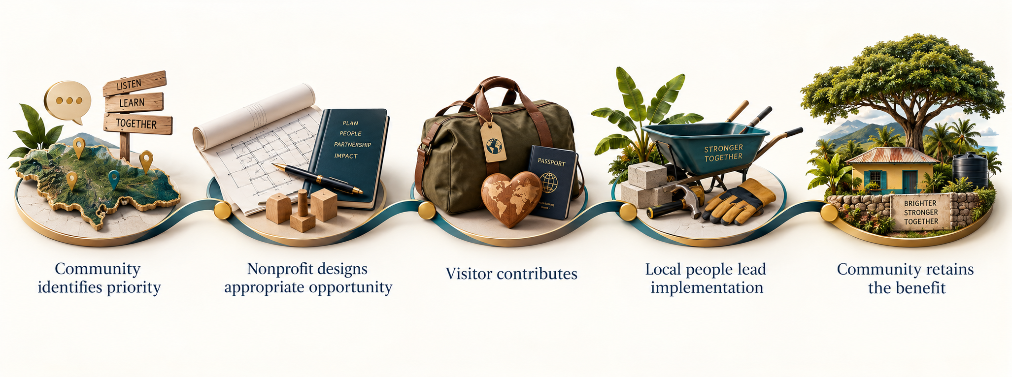 Five-step community engagement model: Community identifies priority, Nonprofit designs appropriate opportunity, Visitor contributes, Local people lead implementation, Community retains the benefit