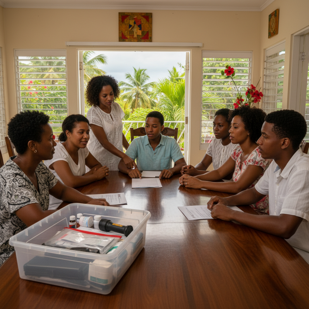 Jamaican community members reviewing an emergency plan and preparedness supplies together