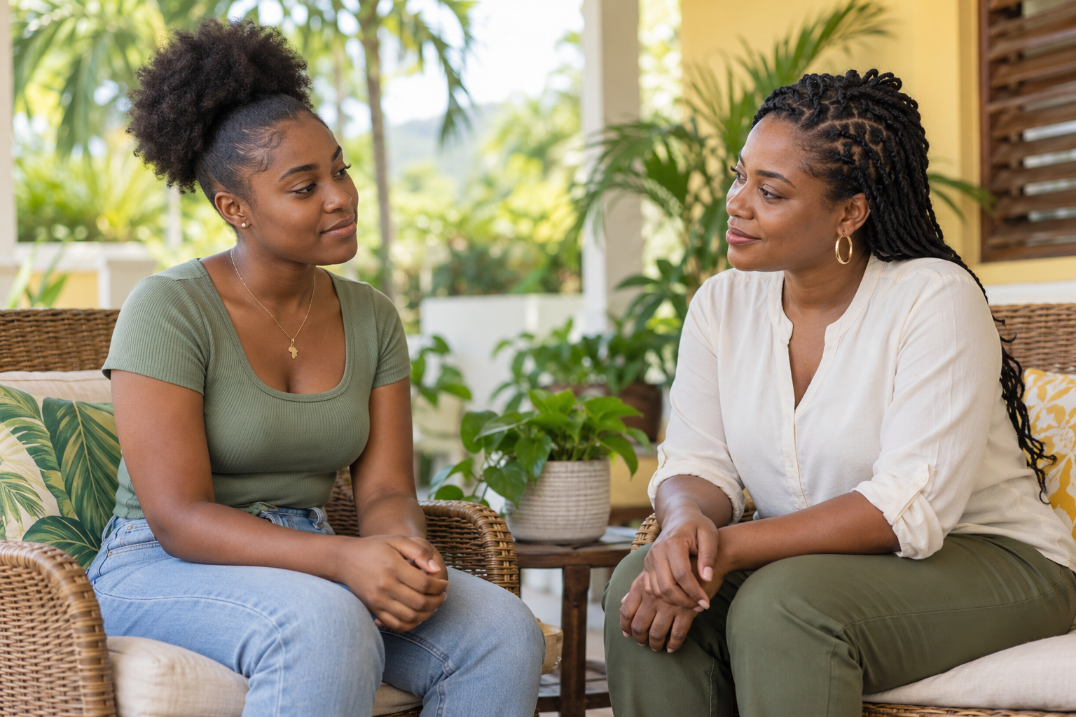A young Black Jamaican woman and a compassionate female counsellor seated together in a warm, sunlit Caribbean setting, engaged in an attentive listening conversation