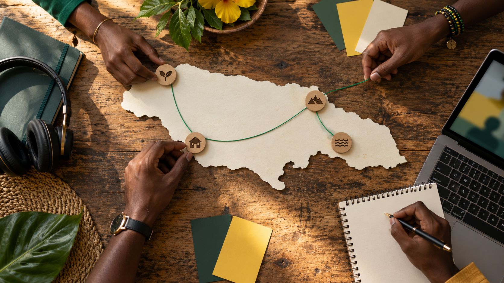 Black hands collaborating over a map of Jamaica on a wooden desk, with location markers, a notebook, headphones and a laptop — representing co-design and community planning