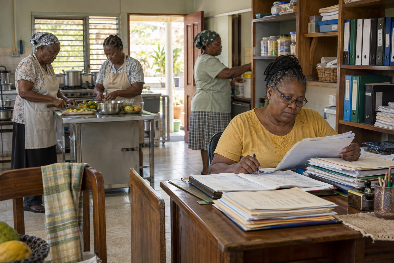 Black Jamaican house mothers preparing food in a residential care kitchen while a facility administrator reviews paperwork at her desk