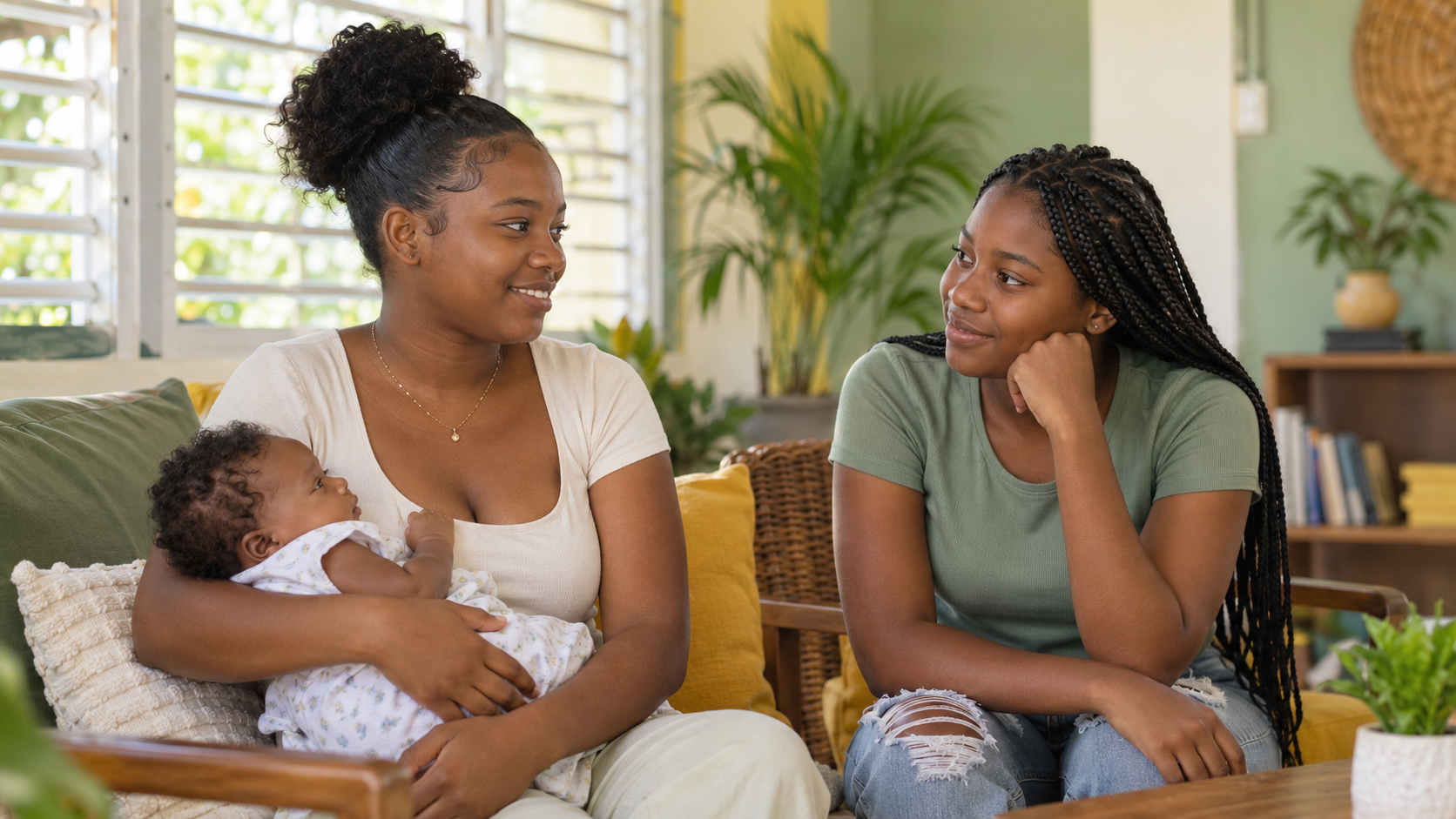Young Black mother cradling her newborn baby while a supportive peer listens attentively in a warm Caribbean interior