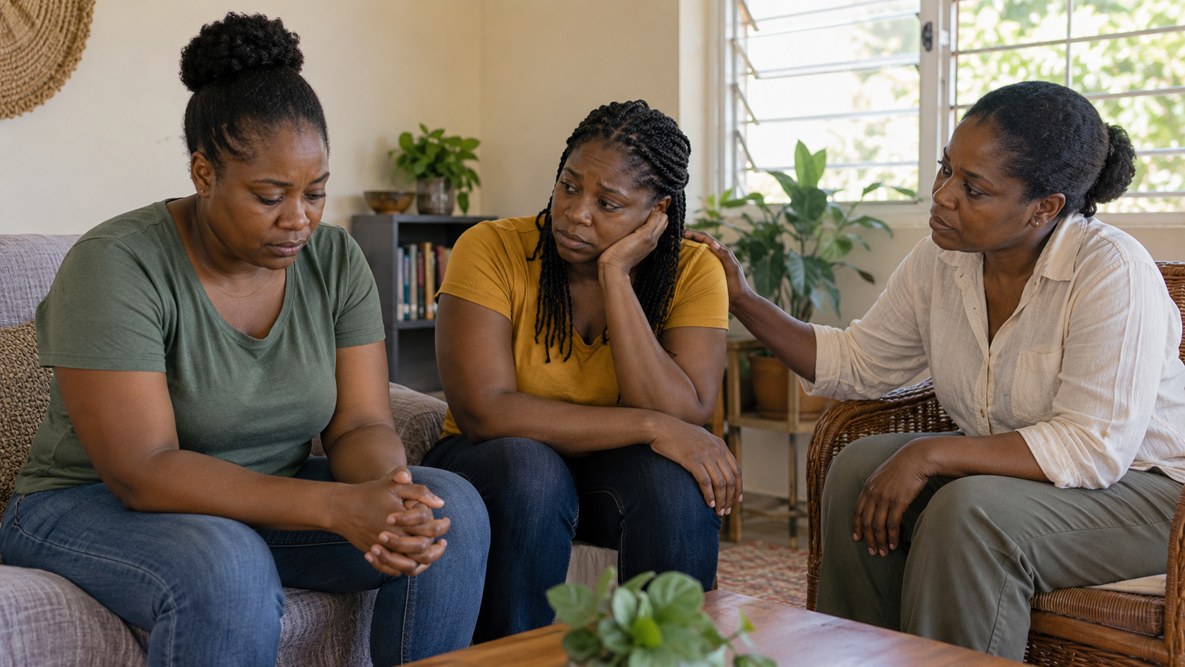 Three Black women seated together in a compassionate, supportive group conversation in a sunlit Caribbean living room